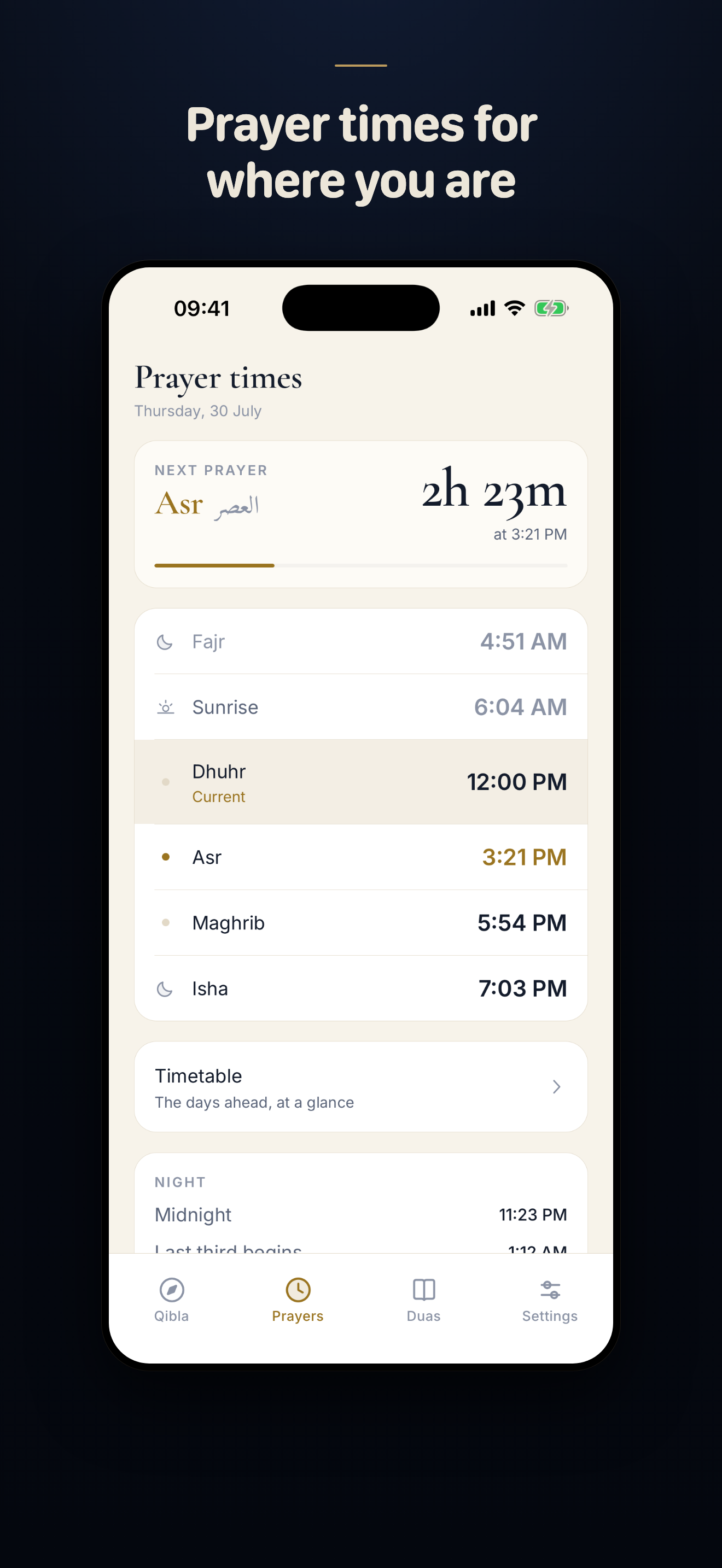 Mihrab prayer times with countdown to the next prayer